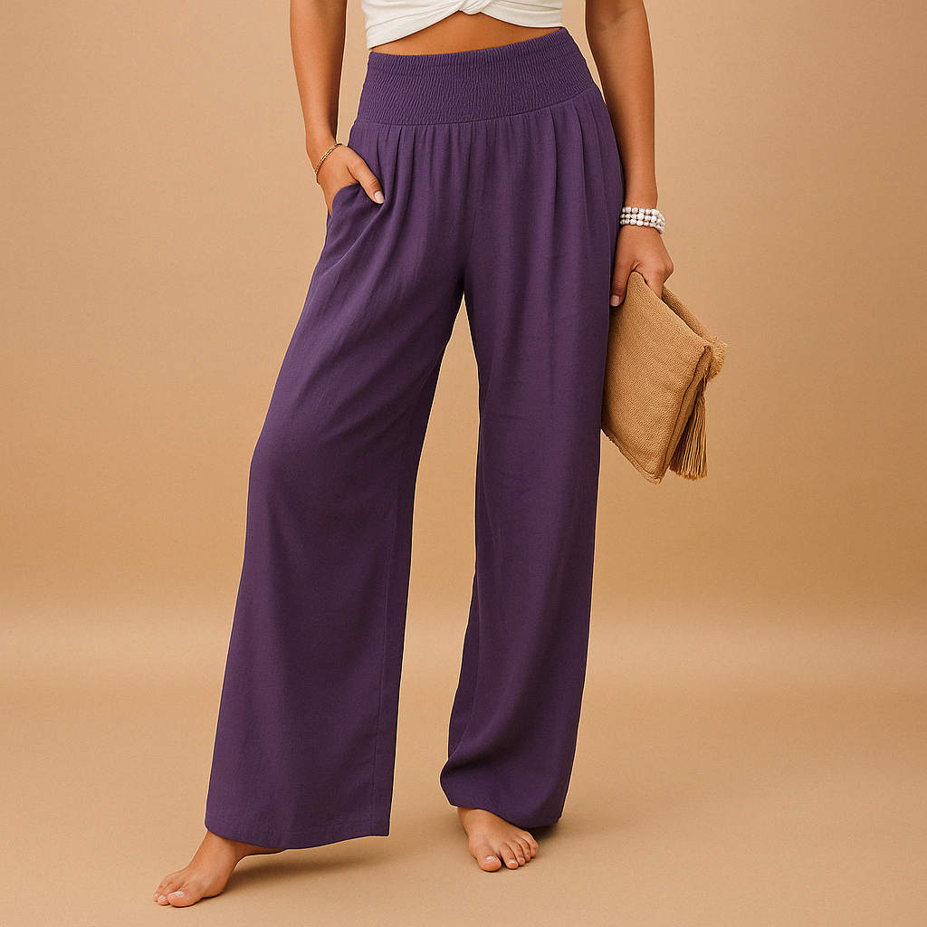 Linen Women's Trousers - Elastic Waist, Straight Leg for Casual Wear