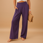 Linen Women's Trousers - Elastic Waist, Straight Leg for Casual Wear