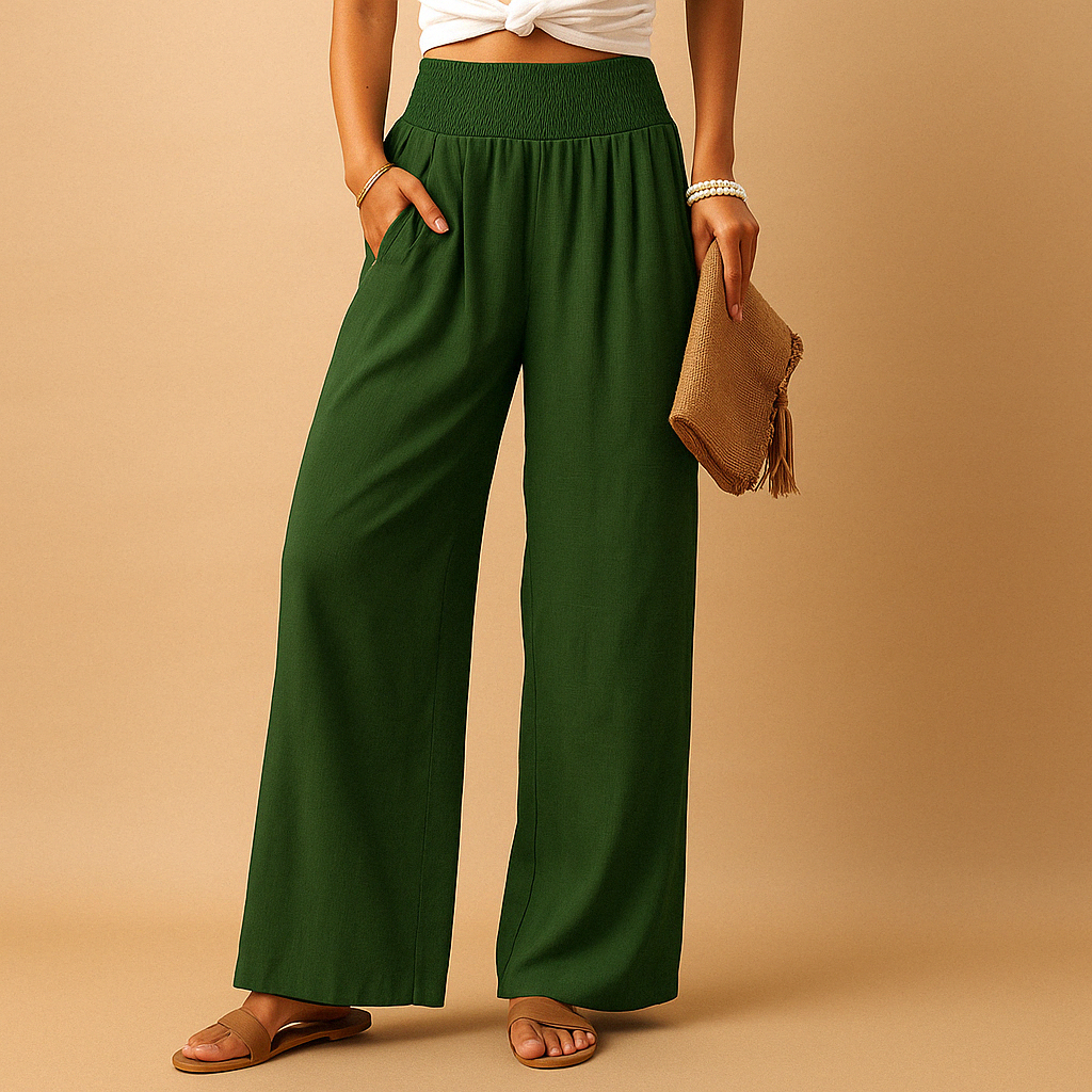Linen Women's Trousers - Elastic Waist, Straight Leg for Casual Wear