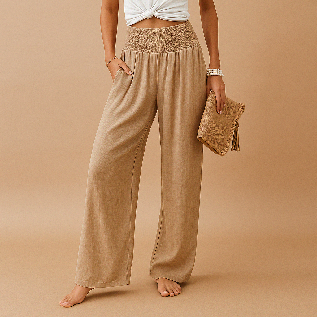 Linen Women's Trousers - Elastic Waist, Straight Leg for Casual Wear